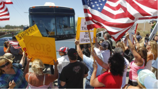 Protestors from the long time California anti-immigrant and anti-Muslim group We The People Rising stop buses  of children in Murietta, California.  Surely Malloy can't want to be seen as an ally by these folks. From U-T San Diego article http://bit.ly/1mWeIEQ